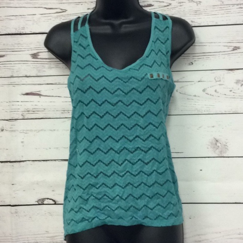 Chocolate USA Teal‎ Chevron Lace Studded Pocket Braided T-Back Tank Top Medium